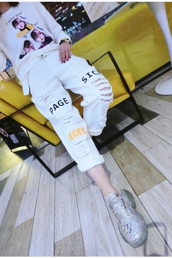 Letter Spliced Women Jeans Holes Pants Loose Candy Color Denim women's pants Autumn Harajuku BF Female Joggers - Takalr