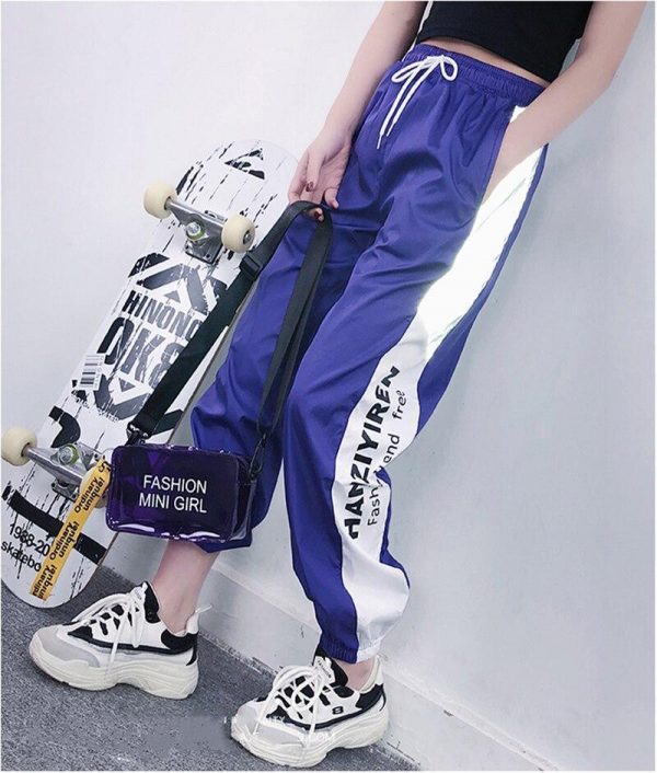 Autumn Harajuku BF Loose Sport Reflective Pants Women Hip Hop High Waist streetwear Cargo Pants Loose Joggers Women - Takalr