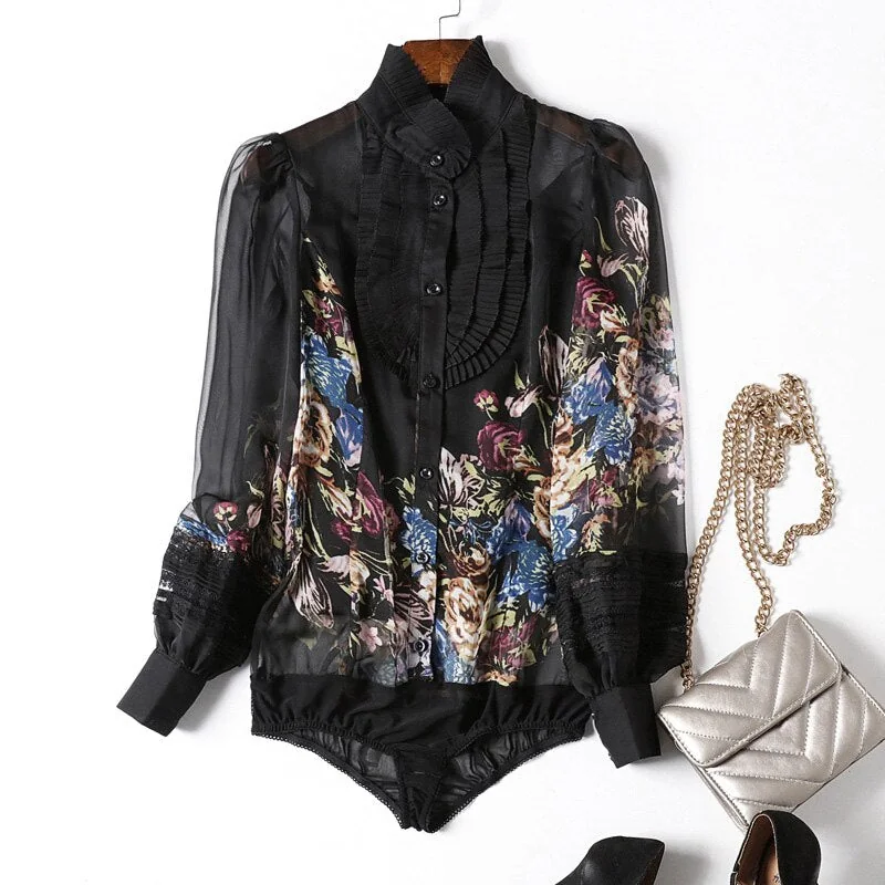 Milan Arrival Spring Women's Ruffles Floral Printed Long Sleeves Elegant Fashion Designer Silk Shirts&Blouses - Image 9