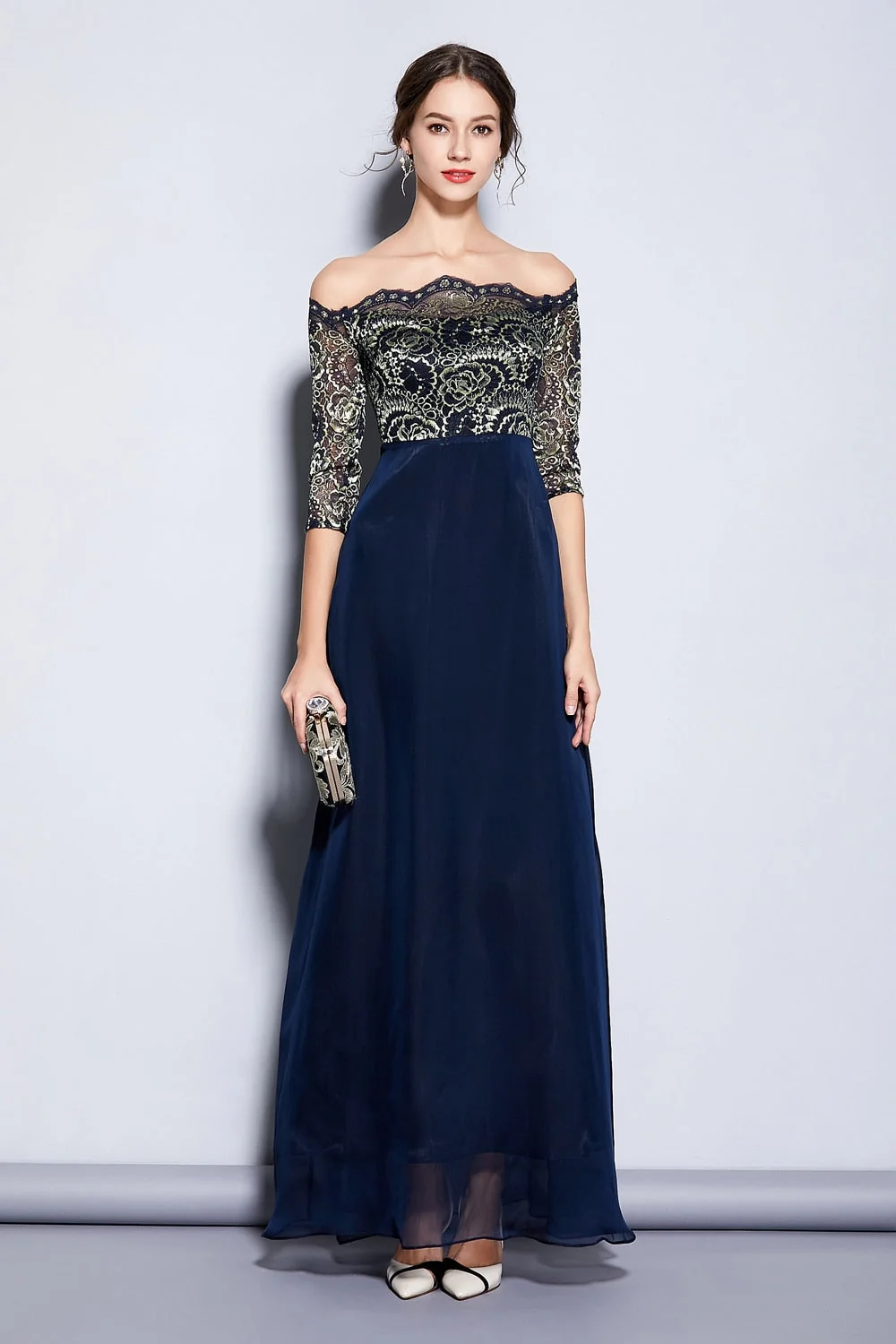 Women's Party Prom Sexy Off the Shoulder Slash Neckline Embroidery Lace Elegant Long Runway Dresses