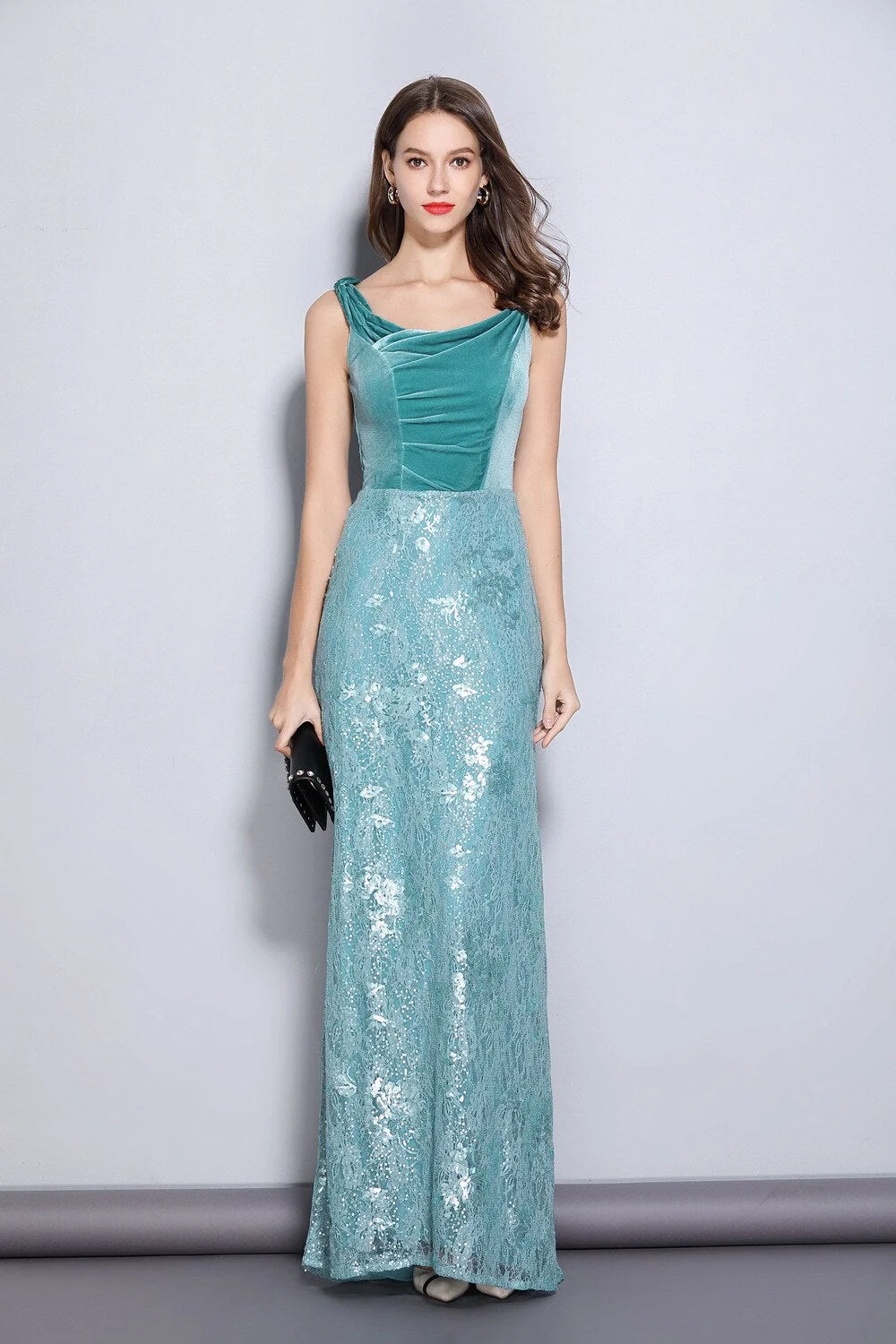 Women's Party Prom Slash Neckline Embroidery Lace Velvet Patchwork Elegant Maxi Long Designer Dresses