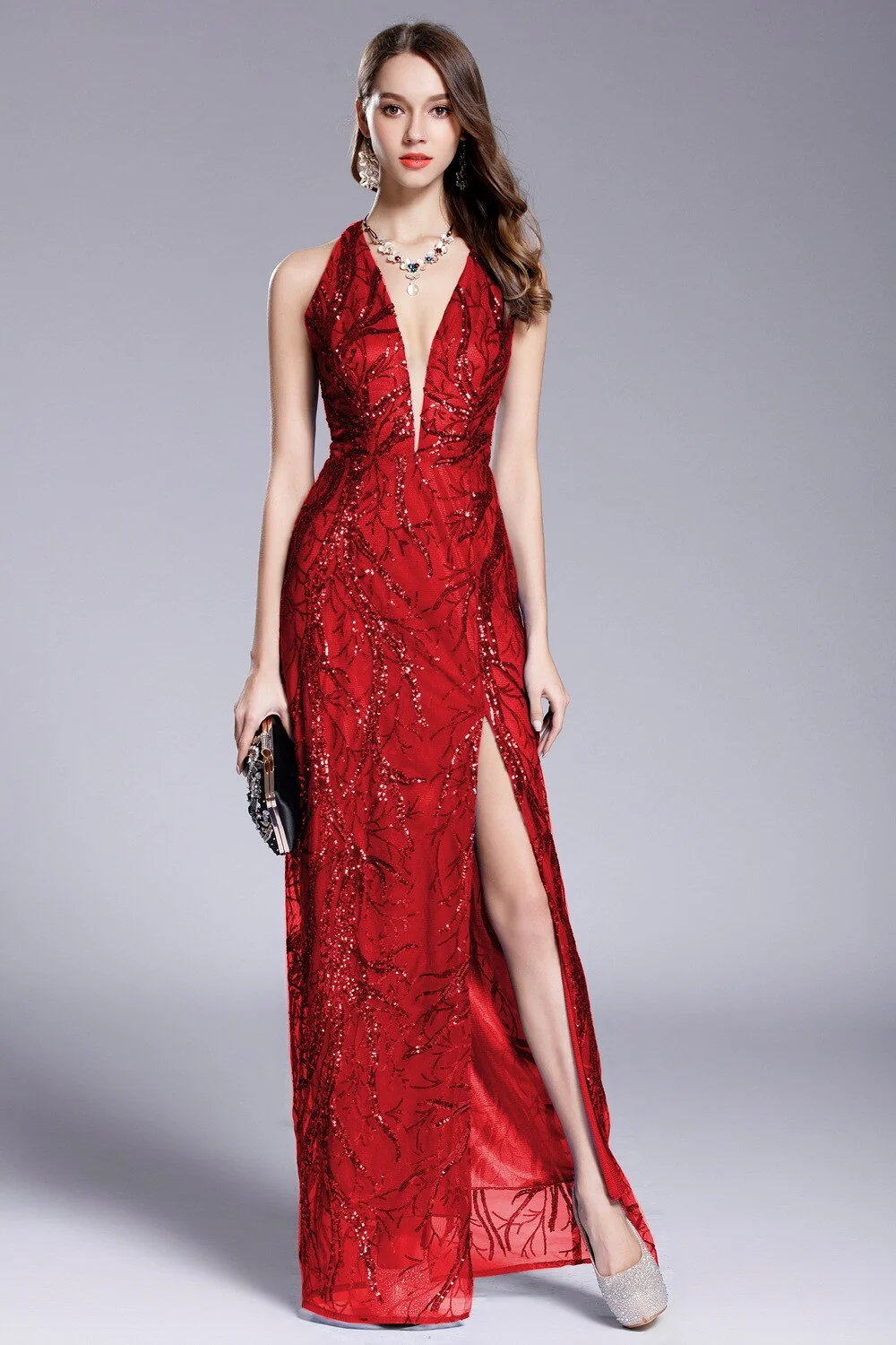 Women's Sexy Low V Neck Sleeveless Cross Open Back Embroidery Sequined Prom Party Dresses Long Runway Dresses - Image 19