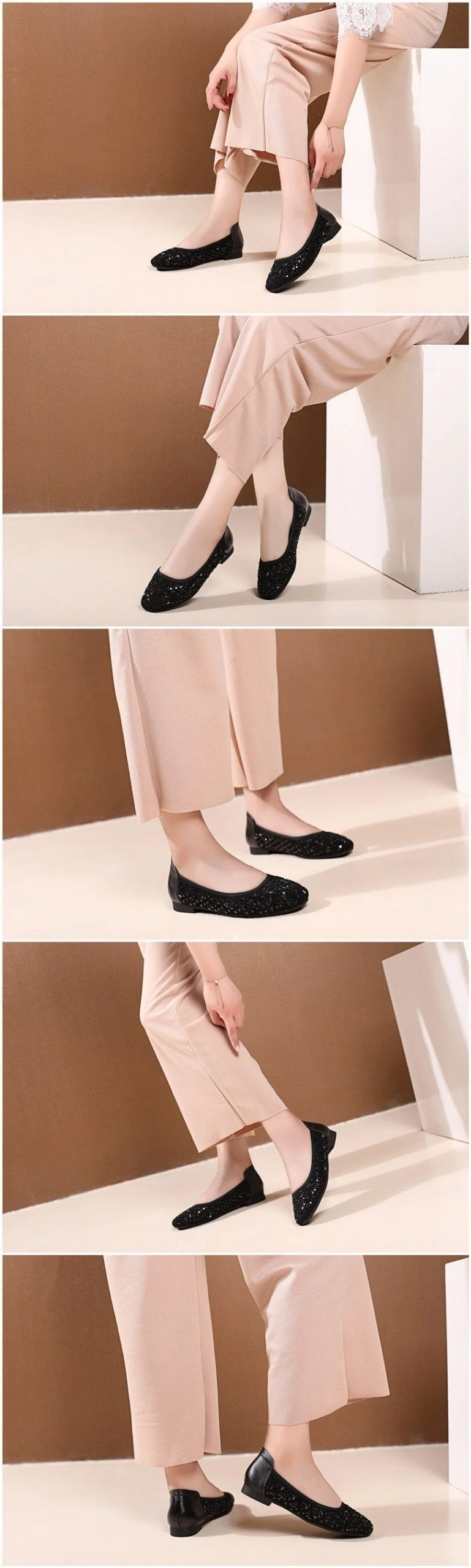 Spring Summer Shoes Women Flats Genuine Leather Rhinestone Hollow Out Comfort Ladies Sandals Flat Shoes Big Size 34-43 - Image 3