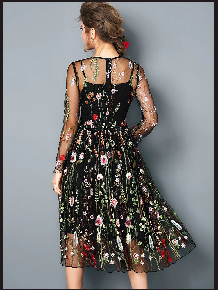 Spring Summer Women's O Neck Long Sleeves Embroidery High Street Runway Maxi Fashion Long Dresses - Image 11