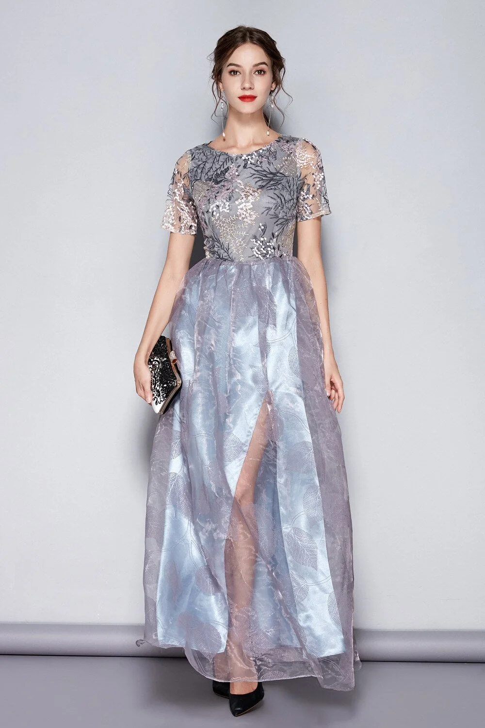 Women's O Neck Short Sleeves Embroidery Layered Elegant Party Dresses Prom Long Maxi Runway Dresses