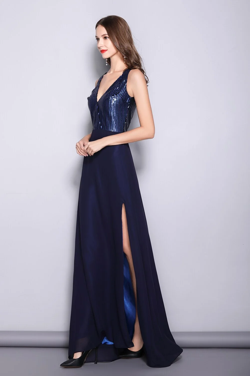 Women's Runway Dresses Sexy V Neck Sleeveless Sequined Bodice Split Party Prom Fashion Long Dresses - Image 5