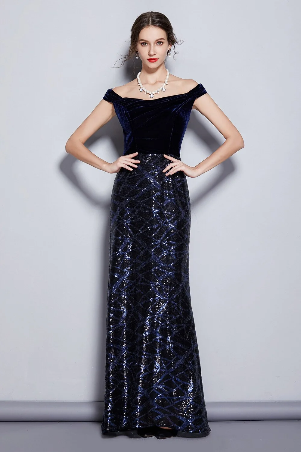 Women's Runway Designer Dresses Slash Neckline Cap Sleeves Velour Bodice Patchwork Sequined Elegant Long Party Dresses - Image 5