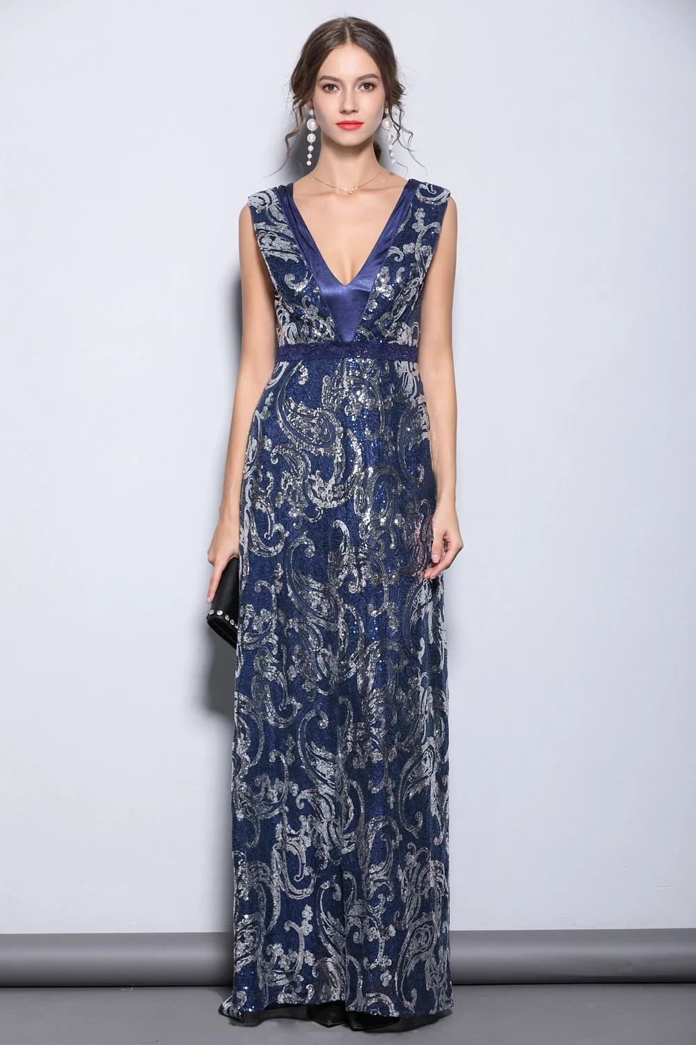 Women's Party Prom Sexy V Neck Sleeveless Embroidery Sequined Elegant Formal Long Runway Dresses