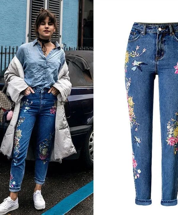 Embroidered Jeans Women Pants Womens Embroidered Bird Floral Straight Jeans Female