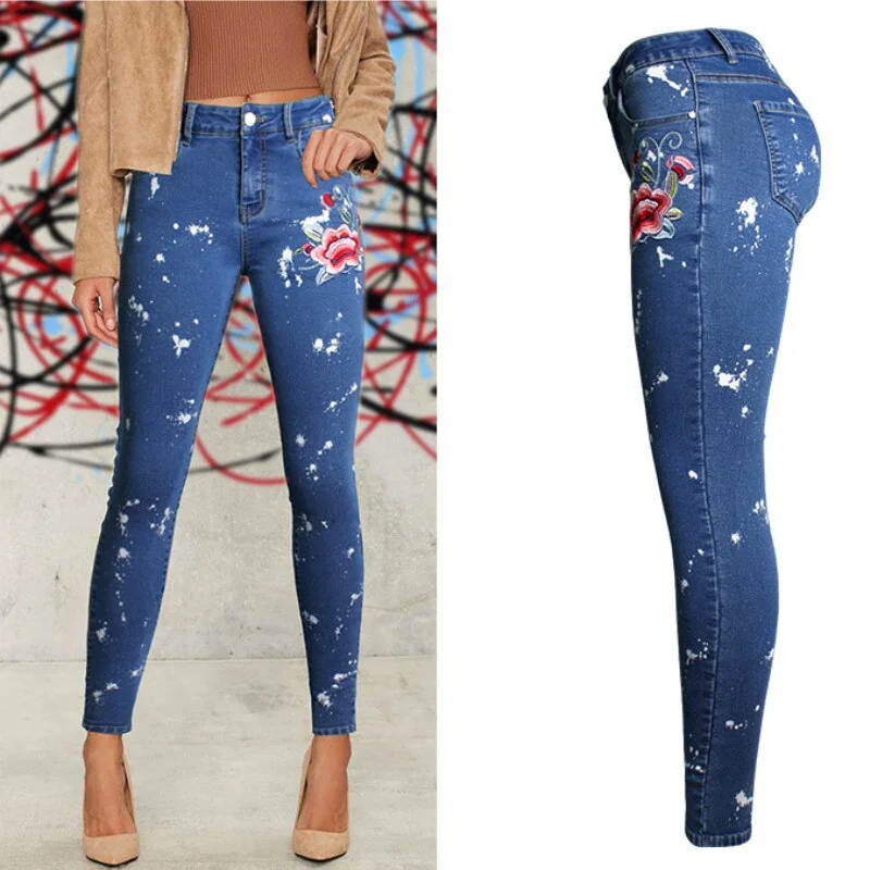 Skinny Embroidery Jeans Woman Pencil Denim Pants Ladies Casual Jeans - Image 2