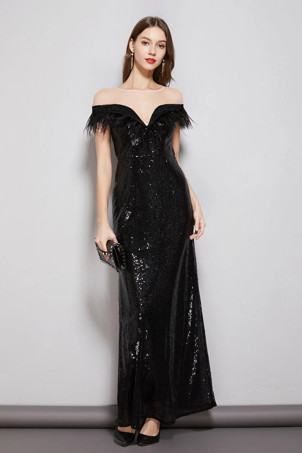 Women's Evening Party Prom O Neck Short Sleeves Feathers Tassels Sequined Patchwork Fashion Long Dresses - Image 3