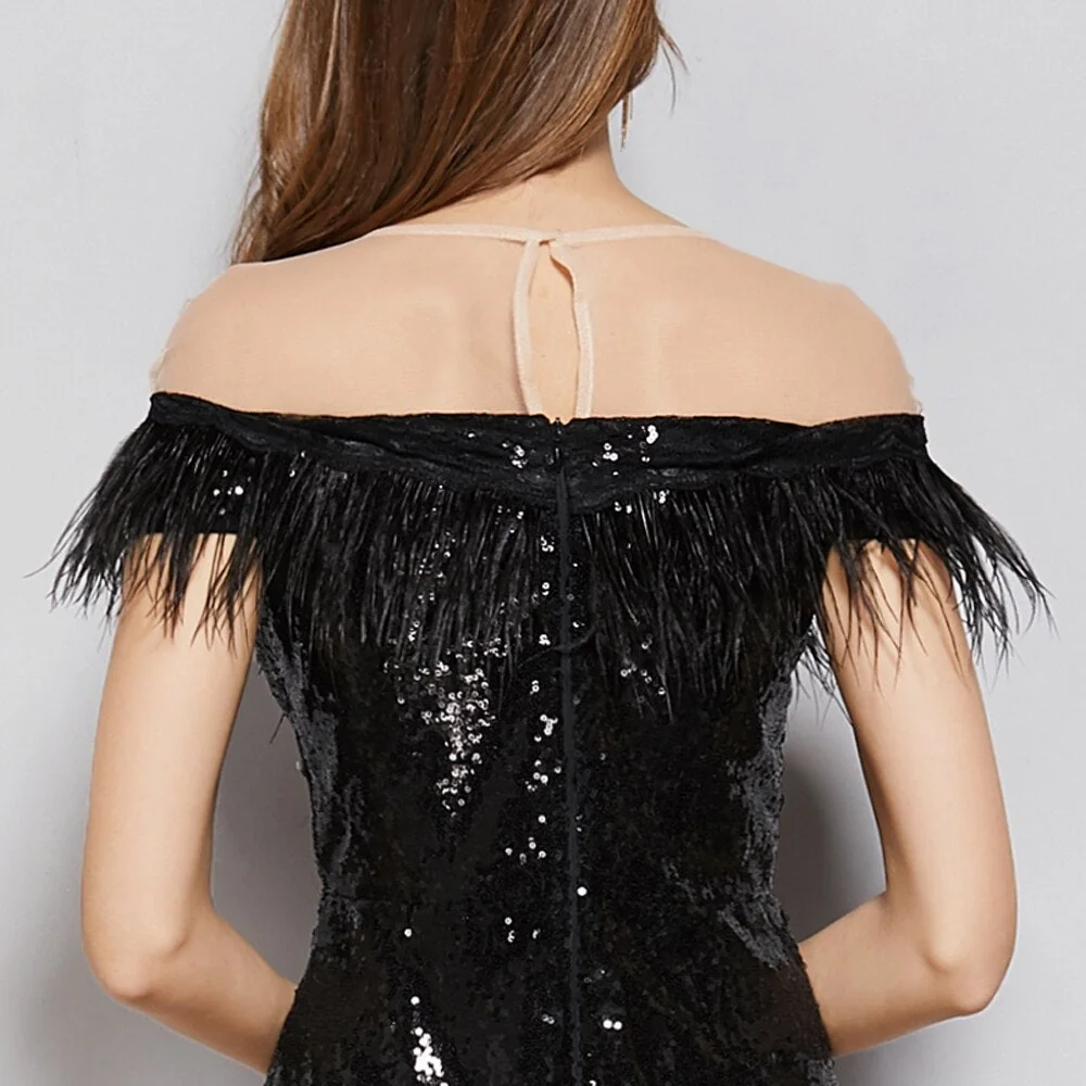 Women's Evening Party Prom O Neck Short Sleeves Feathers Tassels Sequined Patchwork Fashion Long Dresses - Image 7
