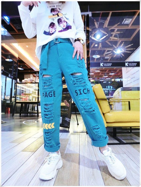 Letter Spliced Women Jeans Holes Pants Loose Candy Color Denim women's pants Autumn Harajuku BF Female Joggers - Takalr