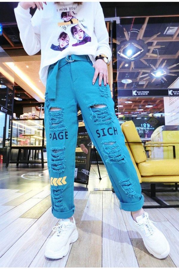 Letter Spliced Women Jeans Holes Pants Loose Candy Color Denim women's pants Autumn Harajuku BF Female Joggers - Takalr