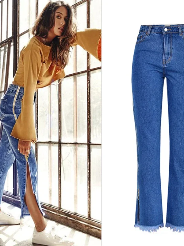 High Waist Zipper Side Straight Jeans Woman Split Casual Denim Jeans Spring Summer Pants Trousers