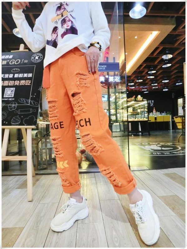 Letter Spliced Women Jeans Holes Pants Loose Candy Color Denim women's pants Autumn Harajuku BF Female Joggers - Takalr