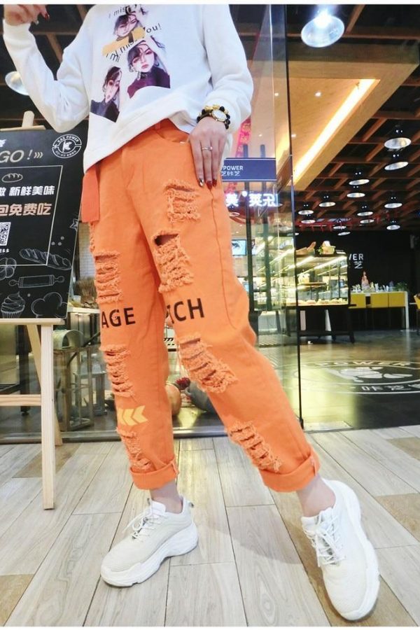 Letter Spliced Women Jeans Holes Pants Loose Candy Color Denim women's pants Autumn Harajuku BF Female Joggers - Takalr