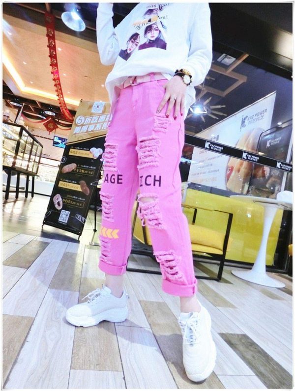 Letter Spliced Women Jeans Holes Pants Loose Candy Color Denim women's pants Autumn Harajuku BF Female Joggers - Takalr