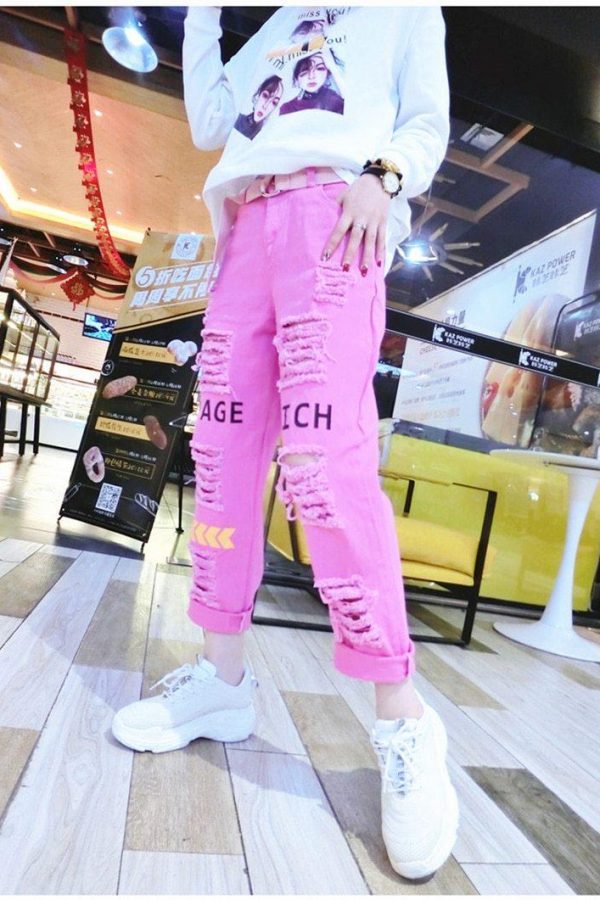 Letter Spliced Women Jeans Holes Pants Loose Candy Color Denim women's pants Autumn Harajuku BF Female Joggers - Takalr