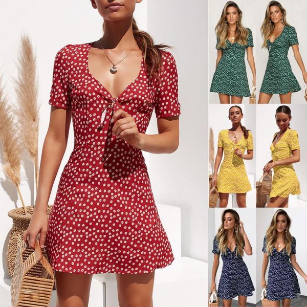 Summer Short Sleeve Floral Boho Dress Party Evening Beach V neck Dress - Takalr