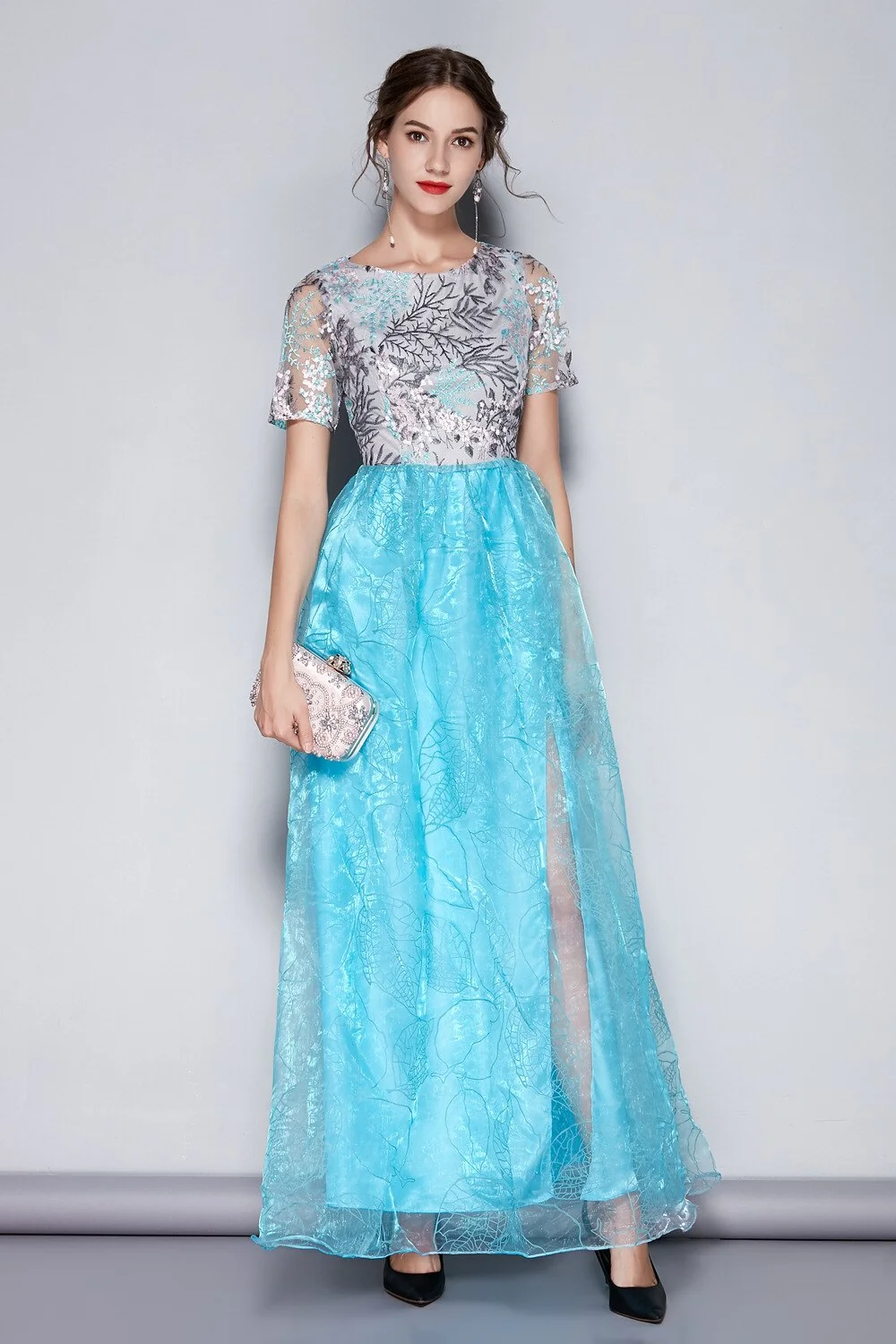 Women's O Neck Short Sleeves Embroidery Layered Elegant Party Dresses Prom Long Maxi Runway Dresses - Image 7