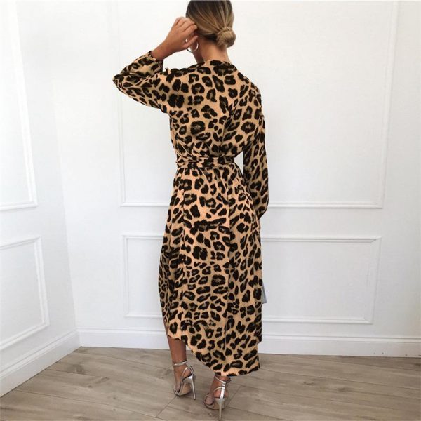 Leopard Women Chiffon Long Dress Long Sleeve Deep V-neck Party Dress - Takalr