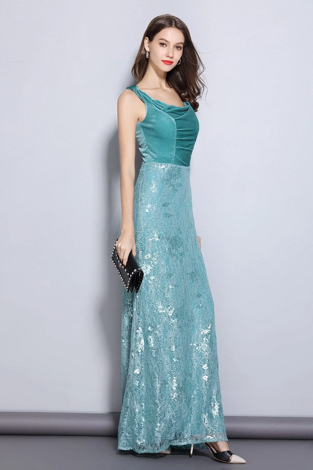 Women's Party Prom Slash Neckline Embroidery Lace Velvet Patchwork Elegant Maxi Long Designer Dresses - Image 2