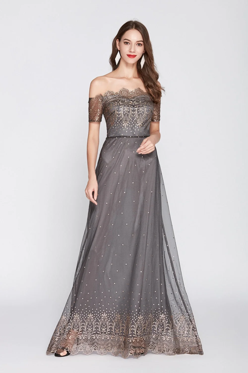 Women's Slash Neckline Sexy Off the Shoulder Embroidery Elegant Party Prom Long Maxi Designer Runway Dresses - Image 2