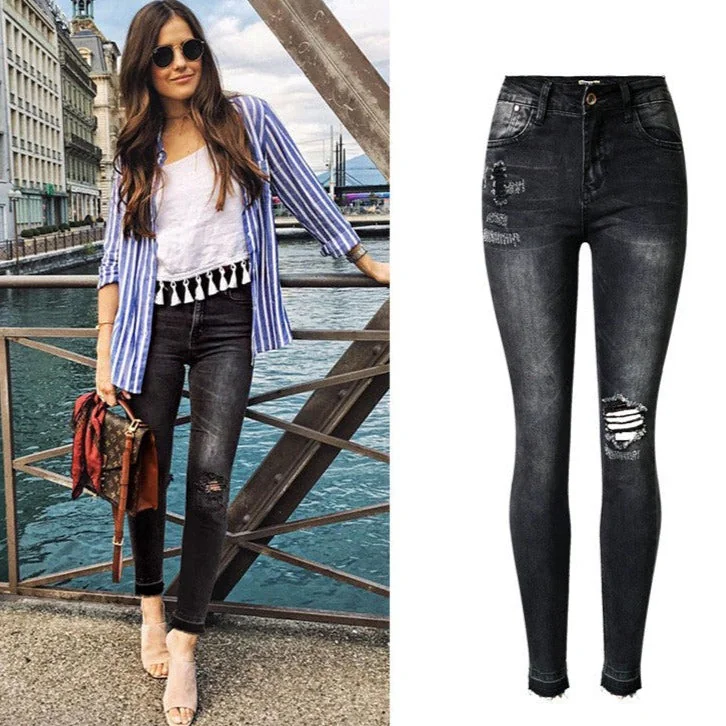 Women Ripped Jeans Skinny Highwaist Jeans 201 Pants Jean Slim Femme
