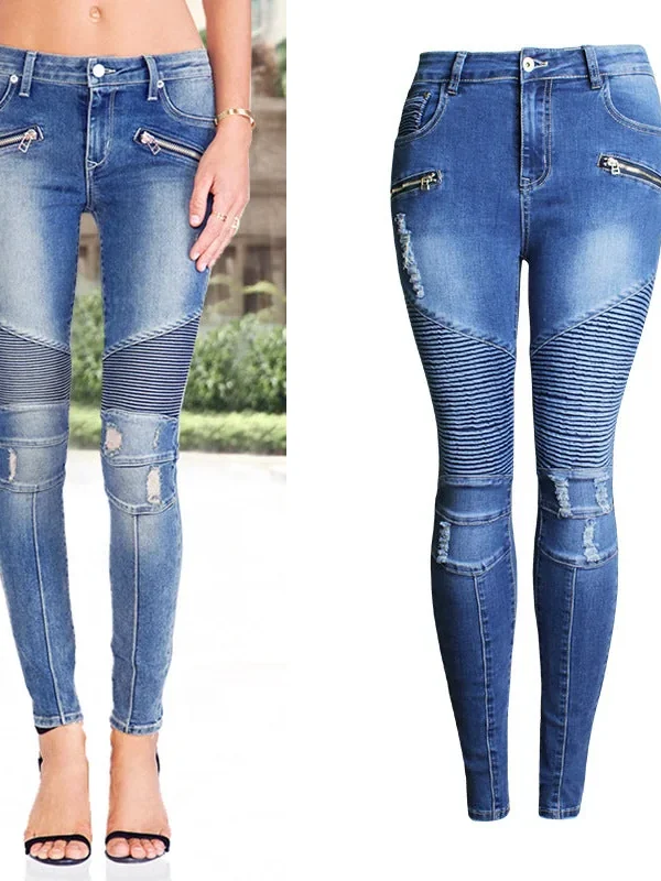 Elasitc Skinny Jeans Woman Zipper Pleated Women Denim Pants Trousers Jeans Femme