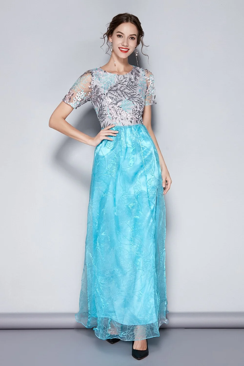 Women's O Neck Short Sleeves Embroidery Layered Elegant Party Dresses Prom Long Maxi Runway Dresses - Image 9