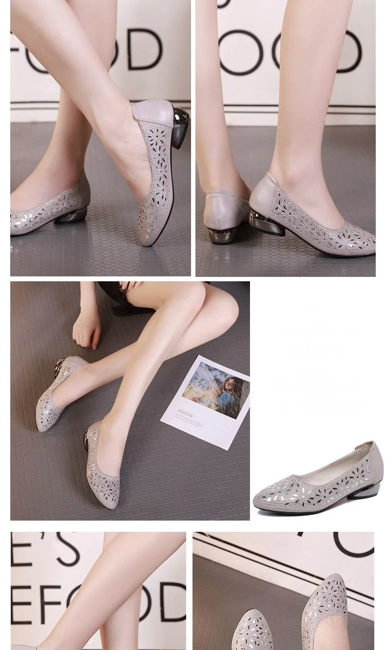 Crystal Low Heels Women shoes Soft Genuine Leather Female Shoes Women Slip On Footwear Square Heel Ladies Shoes - Image 7
