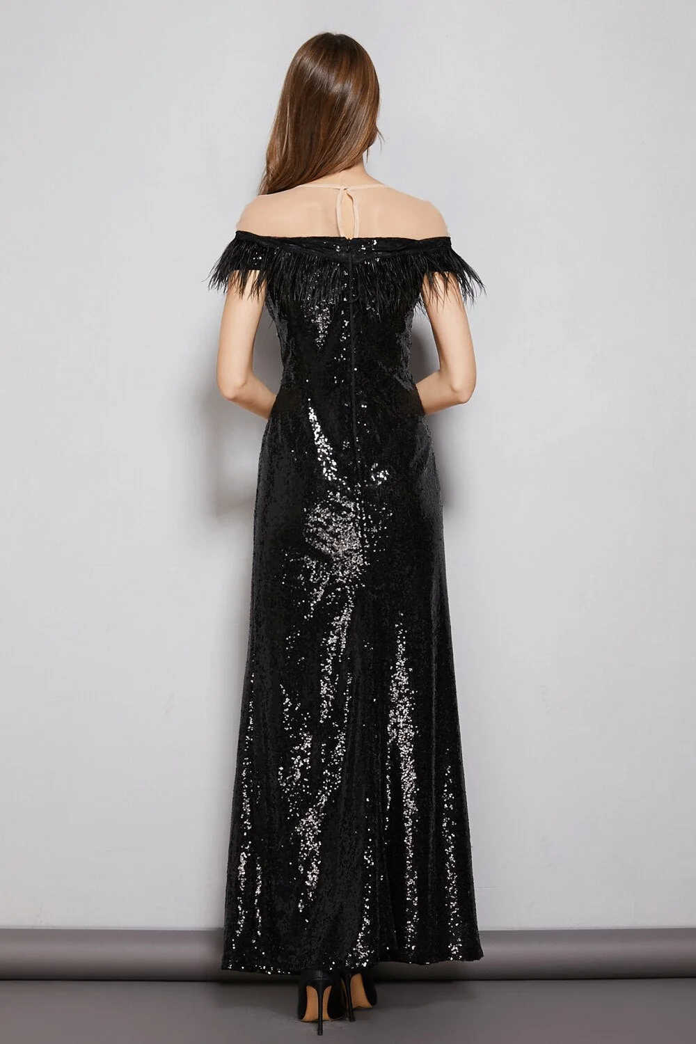 Women's Evening Party Prom O Neck Short Sleeves Feathers Tassels Sequined Patchwork Fashion Long Dresses - Image 5
