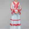 Women's Runway Designer Dresses Sexy V Neck Long Flare Sleeves Embroidery Tiered Ruffles Elegant Party Maxi Dresses