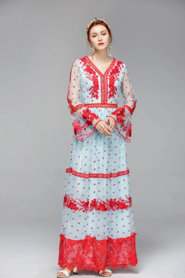 Women's Runway Designer Dresses Sexy V Neck Long Flare Sleeves Embroidery Tiered Ruffles Elegant Party Maxi Dresses