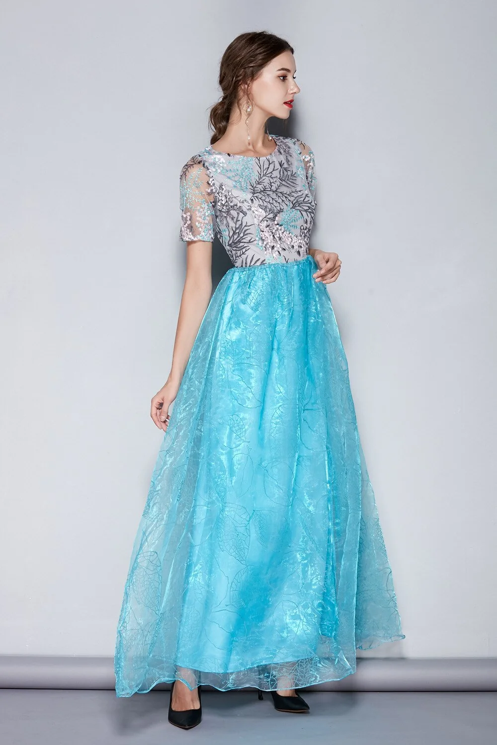 Women's O Neck Short Sleeves Embroidery Layered Elegant Party Dresses Prom Long Maxi Runway Dresses - Image 10