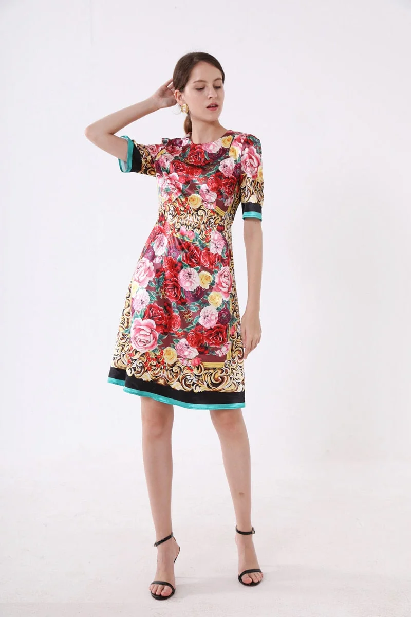 Women's Runway Dresses O Neck Short Sleeves Floral Printed Fashion Casual Pencil Summer Dresses - Image 6