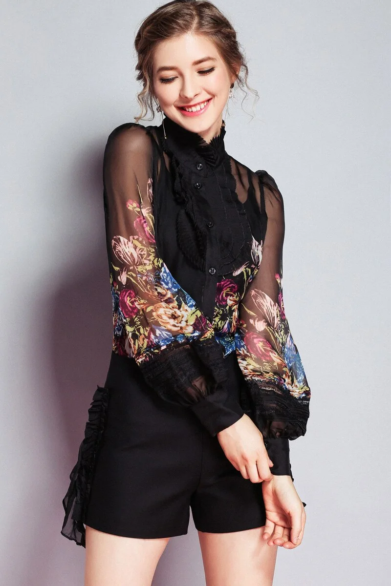 Milan Arrival Spring Women's Ruffles Floral Printed Long Sleeves Elegant Fashion Designer Silk Shirts&Blouses - Image 2