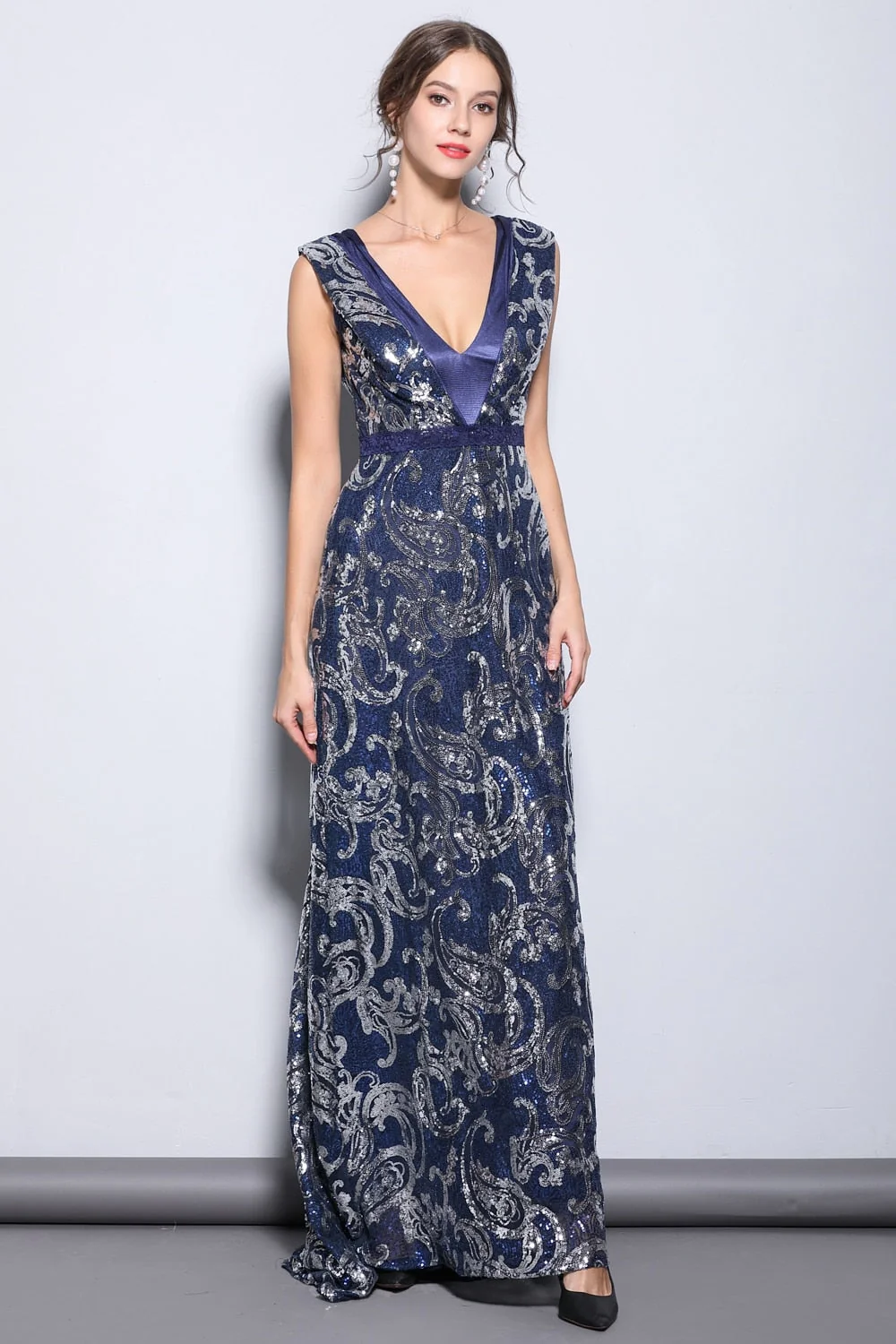 Women's Party Prom Sexy V Neck Sleeveless Embroidery Sequined Elegant Formal Long Runway Dresses - Image 3