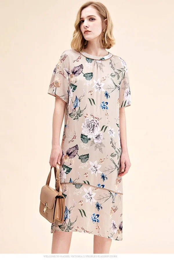 100% Natural Silk Women's Runway Dresses O Neck Short Sleeves Floral printed Elegant Fashion Summer Dresses