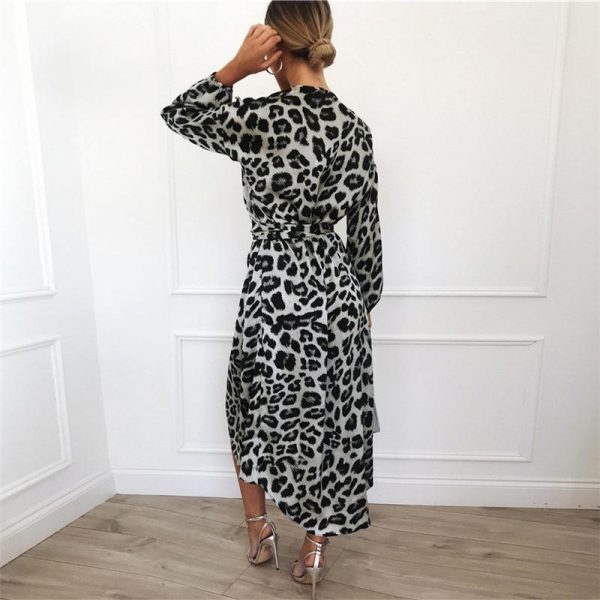 Leopard Women Chiffon Long Dress Long Sleeve Deep V-neck Party Dress - Takalr