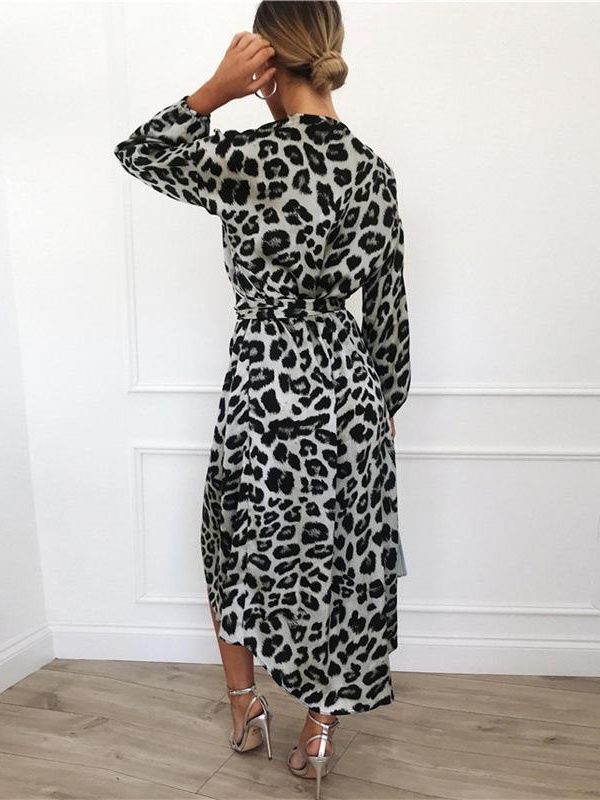 Leopard Women Chiffon Long Dress Long Sleeve Deep V-neck Party Dress - Takalr