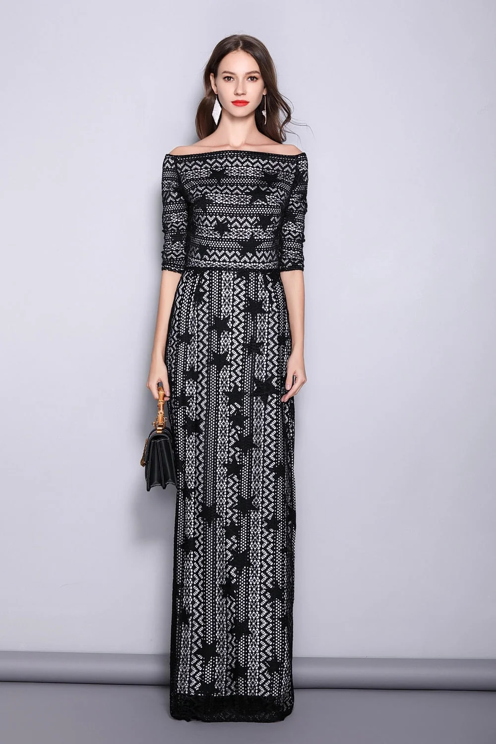 Women's Slash Neckline 3/4 Sleeves Off the Shoulder Embroidery Lace Split Elegant Party Dresses Fashion Long Runway Dresses - Image 6