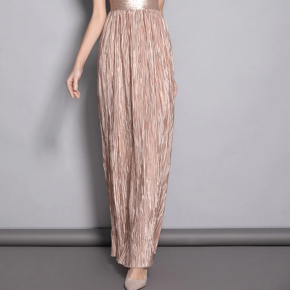 Women's O Neck Sleeveless Sequined Patchwork Elegant Long Party Prom Runway Dresses - Image 7