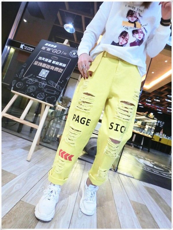 Letter Spliced Women Jeans Holes Pants Loose Candy Color Denim women's pants Autumn Harajuku BF Female Joggers - Takalr