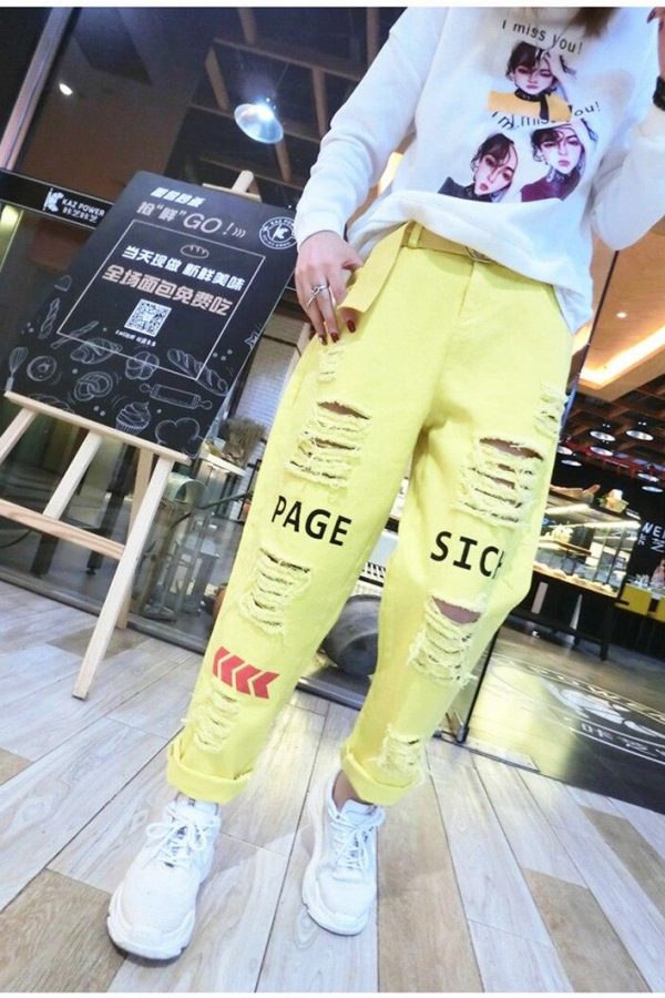 Letter Spliced Women Jeans Holes Pants Loose Candy Color Denim women's pants Autumn Harajuku BF Female Joggers - Takalr