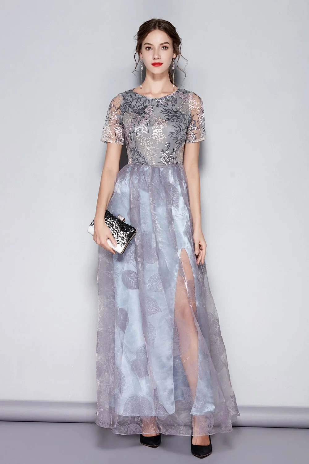 Women's O Neck Short Sleeves Embroidery Layered Elegant Party Dresses Prom Long Maxi Runway Dresses - Image 3