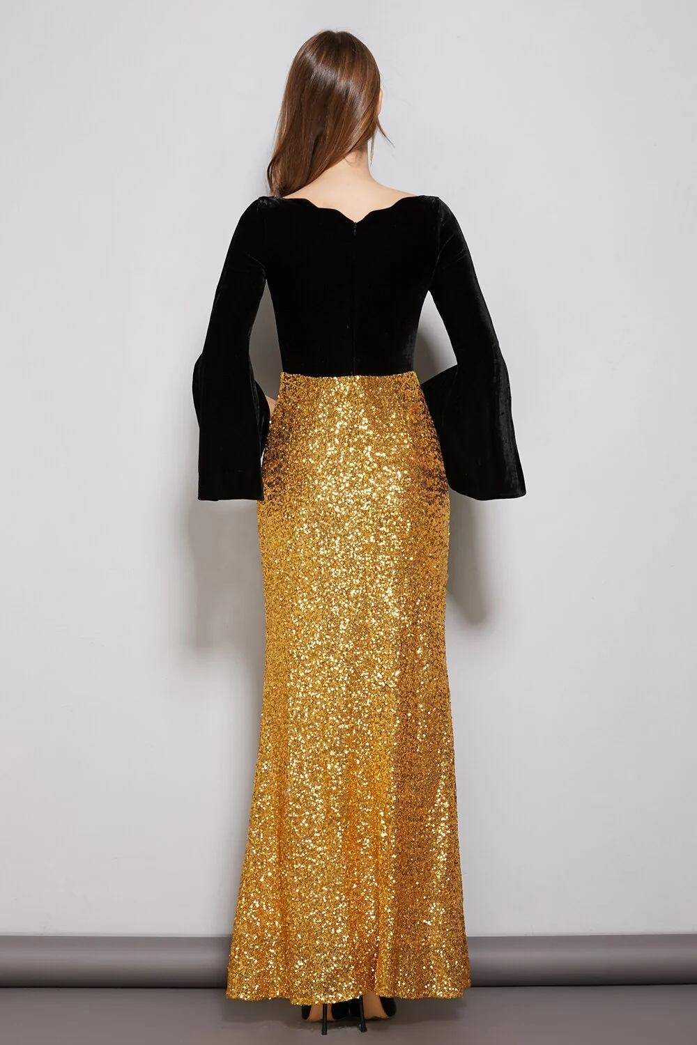 Women's Party Prom Slash Neckline Long Sleeves Velvet Bodice Patchwork Sequined Elegant Floor Length Dresses - Image 6