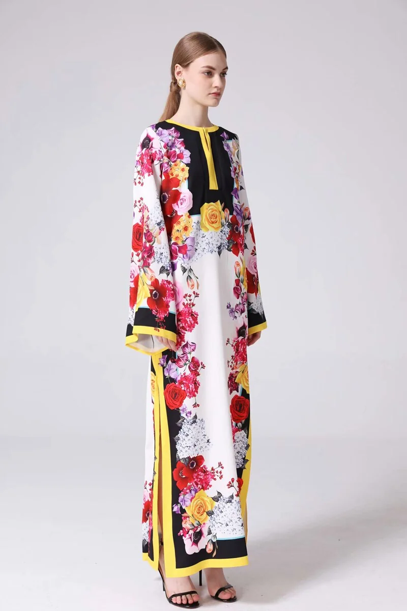 Women's Runway Dresses O Neck Long Sleeves Loose Design Side Split Flora Printed Fashion Casual Maxi Dresses - Image 3