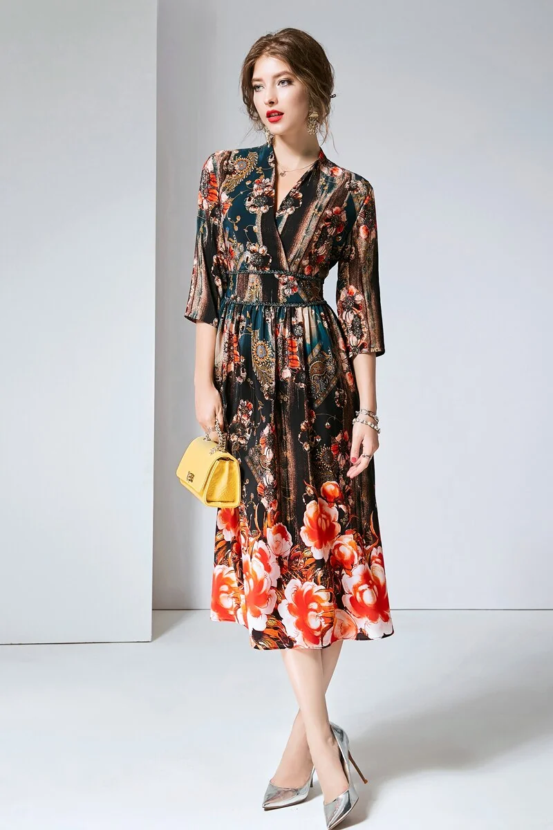 100% Natural Silk Women's Runway Dresses V Neck 3/4 Sleeves Printed Elastic Waist Elegant Summer Dresses